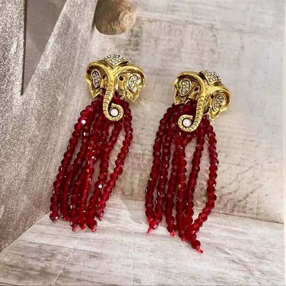 Gold Elephant Head Earrings with Red Bead Tassels - Picture 4 of 15
